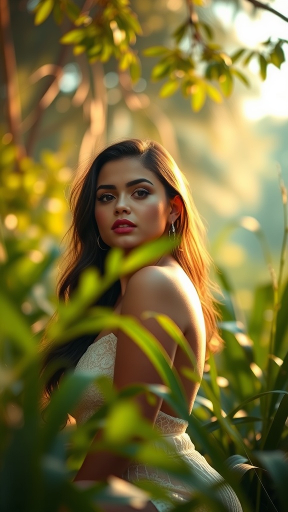 Selena Gomez in a peaceful outdoor setting, embodying tranquility.